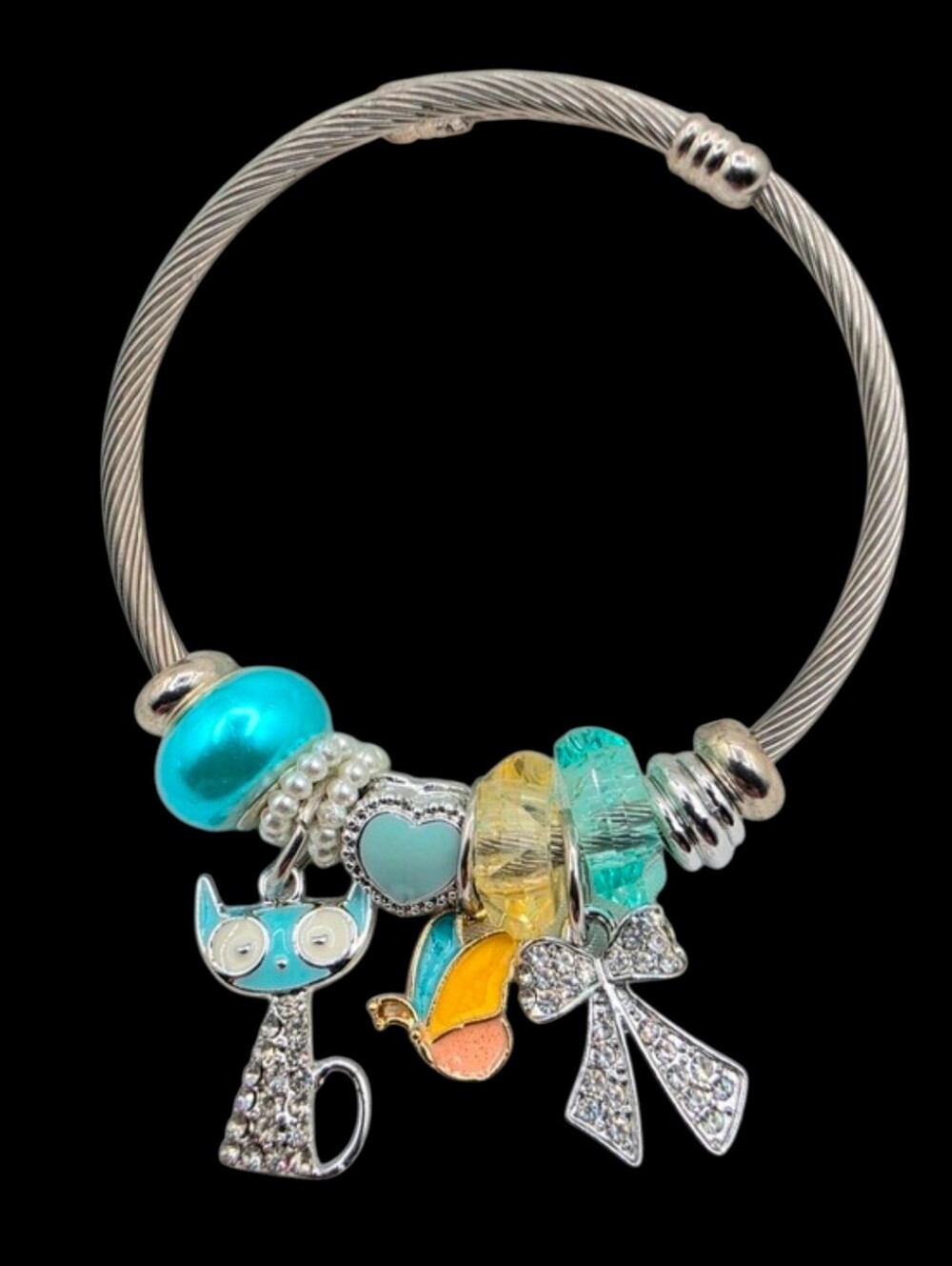 ✨ Y2K Cat Butterfly Charm Bracelet Stainless Steel Silver Cable Bangle Crystal ✨